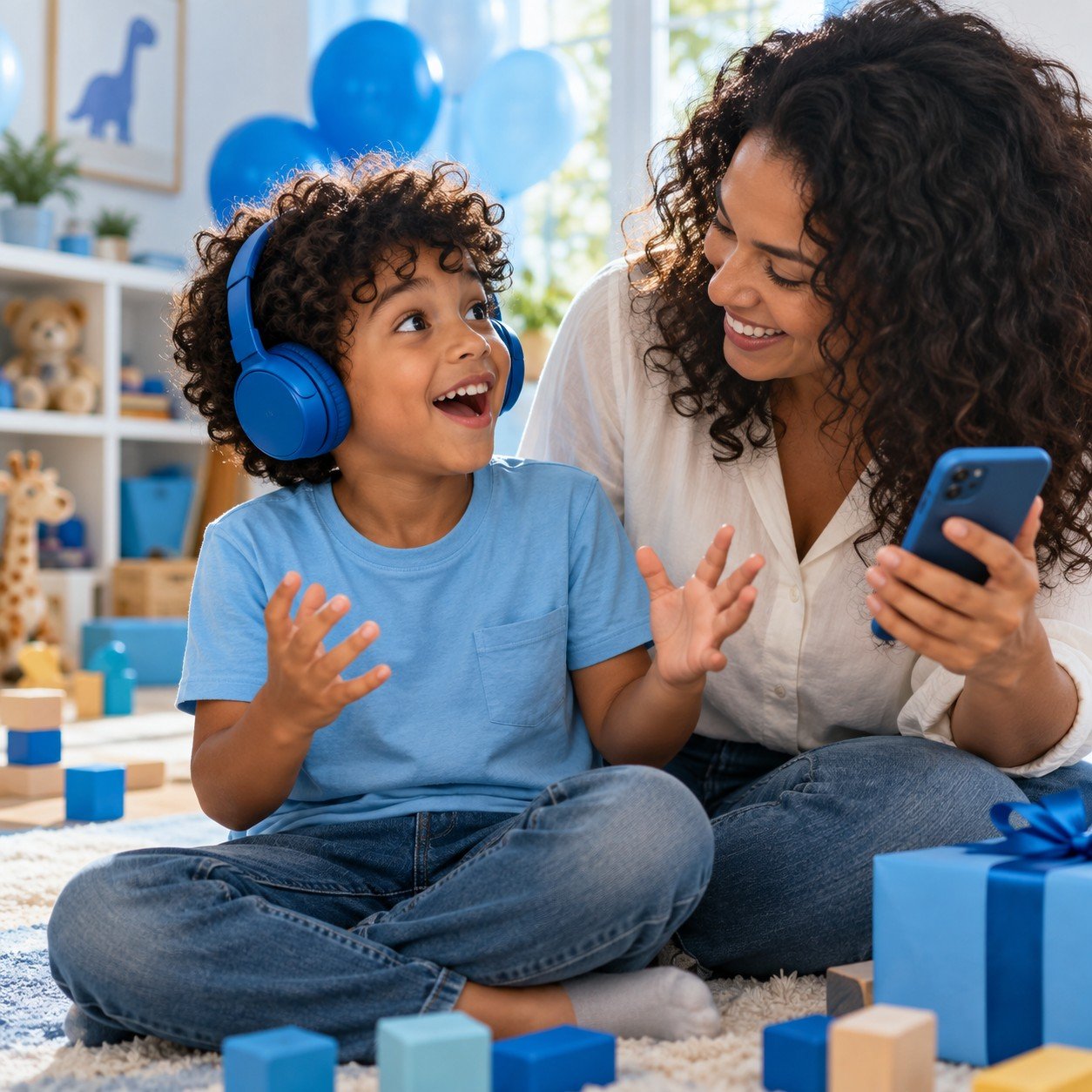 Happy child listening to music with blue headphones beside his mother